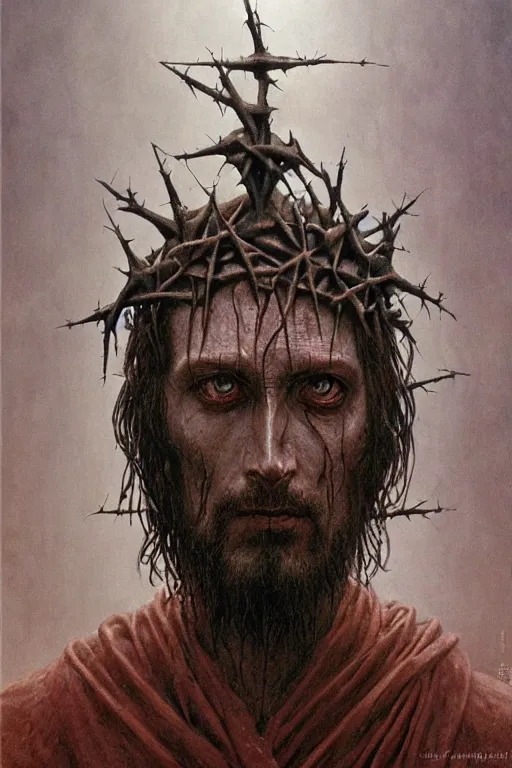 Image similar to portrait of demonic Jesus Christ in hood and crown of thorns, dark fantasy, Warhammer, artstation painted by Zdislav Beksinski and Wayne Barlowe