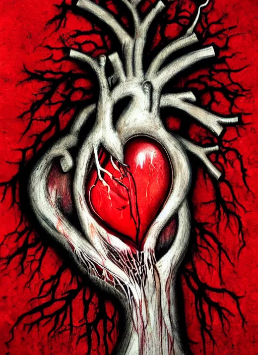 Prompt: dripping anatomical human heart with roots growing above it, sadness, dark ambiance, concept by godfrey blow, graffiti by banksy, featured on deviantart, sots art, lyco art, artwork, photoillustration, poster art, black and red