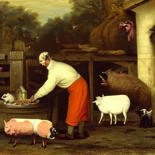 Image similar to butcher feeding a cat, while being watched by a pig, a sheep, a chicken and a cow