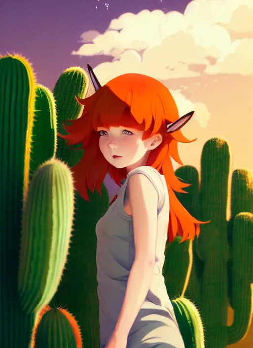 Image similar to portrait of cute redhead foxgirl in orange jumpsuit with fox ears by ilya kuvshinov, holding a cactus, cloudy sky background lush landscape illustration concept art anime key visual trending pixiv fanbox by wlop and greg rutkowski and makoto shinkai and studio ghibli