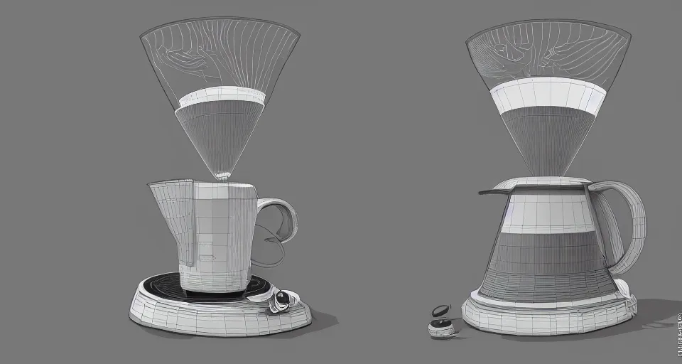 Prompt: a highly complex drip coffee maker in the futuristic era kitchen, jetsons design style, in the style of hownosm and james jean, ultimate collab, epic, digital art, 3 d, h 9 6 0