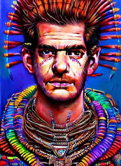 Image similar to portrait of andrew garfield, hyper detailed ultra sharp aztec shaman warrior. trending on artstation, warpaint aesthetic, bloodwave, colorful, psychedelic, ornate, intricate, digital painting, concept art, smooth, sharp focus, illustration, art by artgerm and greg rutkowski and h. r. giger, 8 k