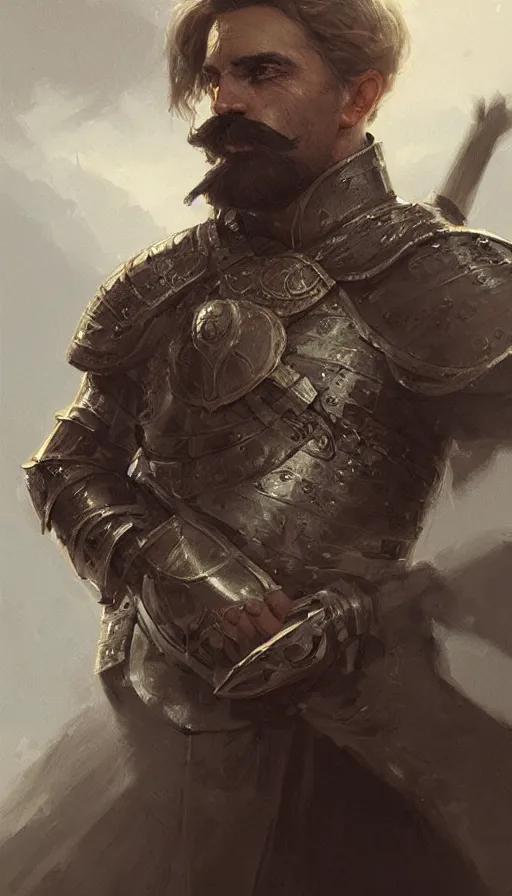 Prompt: Portrait of a knight with a large moustache, male, detailed face, fantasy, highly detailed, cinematic lighting, digital art painting by greg rutkowski