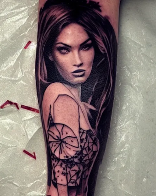 Image similar to creative double exposure effect tattoo design sketch of megan fox faded with beautiful mountain scenery, realism tattoo, in the style of matteo pasqualin, amazing detail, sharp