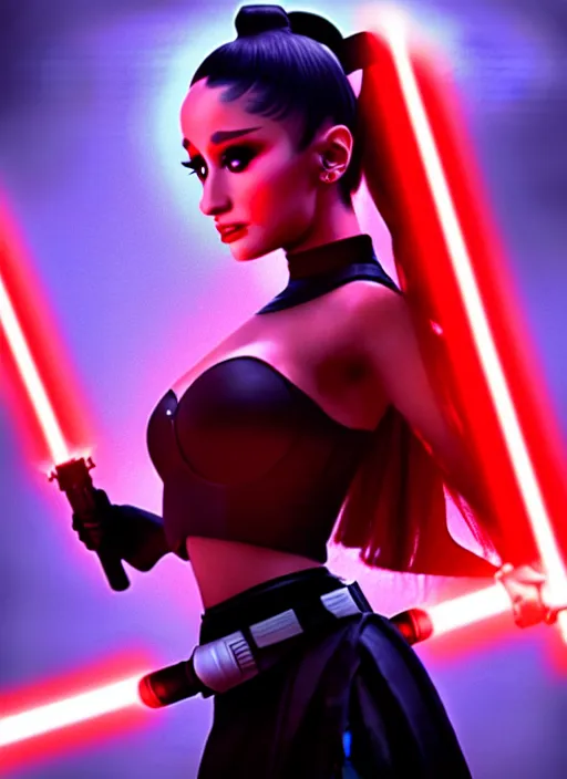 Image similar to Photo of Sith Ariana Grande with a red light saber, Star Wars concept art, trending on artstation, dramatic lighting, photo-realistic