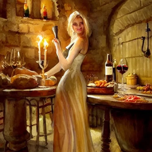 Image similar to beautiful blonde in hot dress in a wine cellar, food, pork, beer, schnapps, rustic, traditional, torches on the wall, watercolor by vladimir volegov, highly detailed, masterpiece