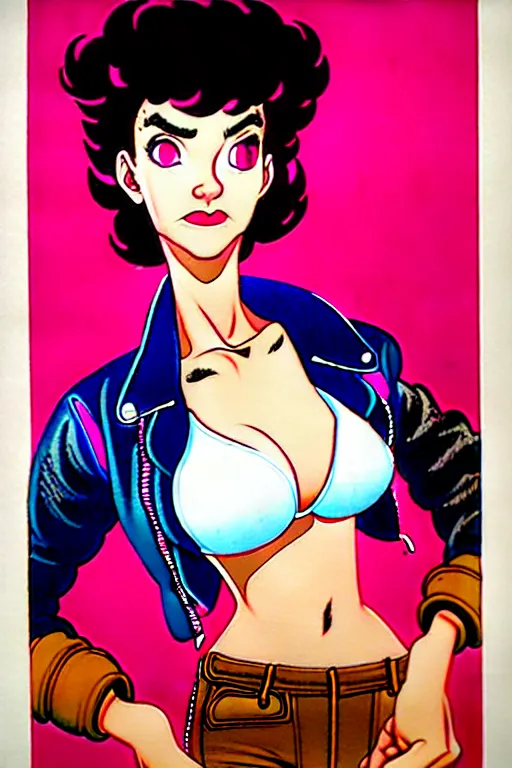 Image similar to portrait of an attractive young female protagonist, center focus, wearing leather jacket, in city street, detailed artwork by ralph bakshi