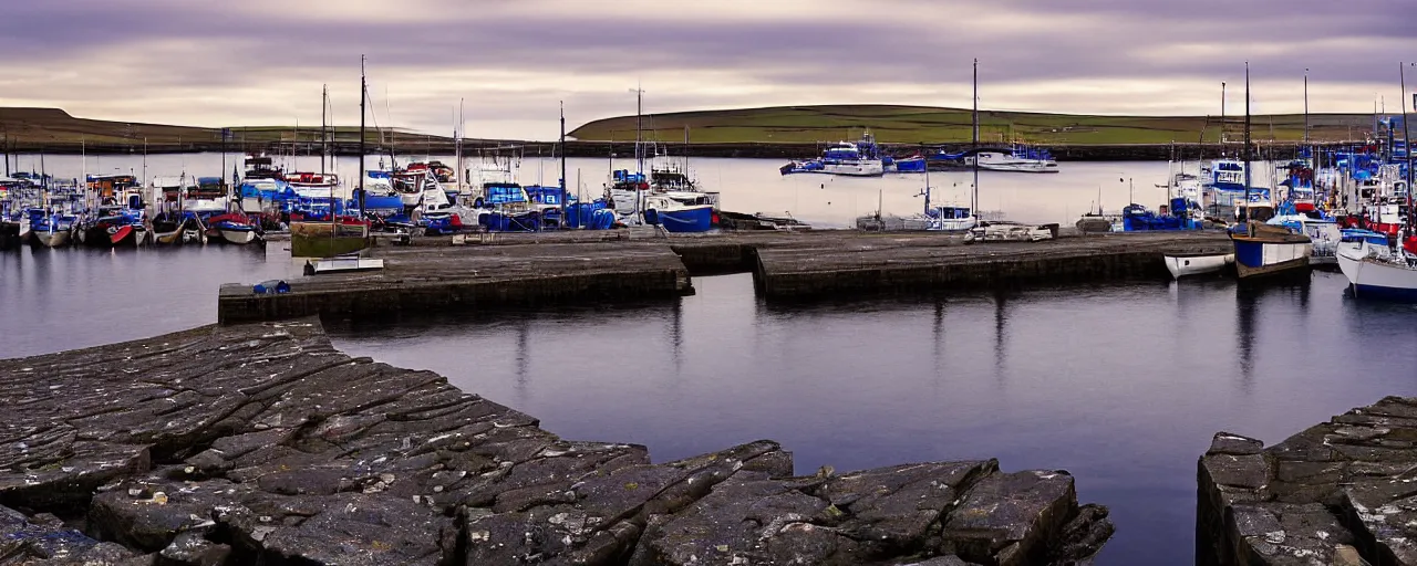 Prompt: a landscape photograph of the harbour at Stromness orkney, by Vanda Ralevska, wide angle, sunset