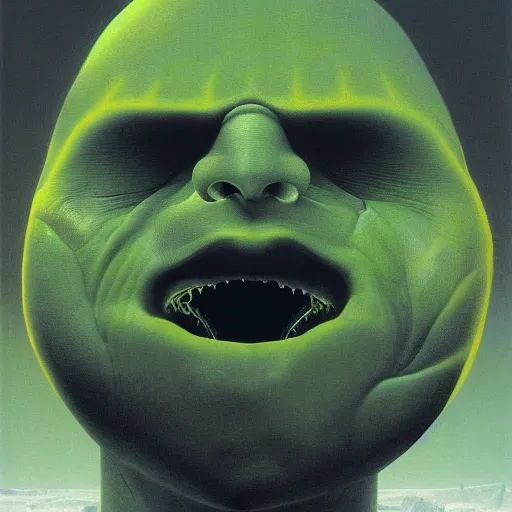 Image similar to Angry face made of yellow Swiss cheese, dark fantasy, green background, artstation, painted by Zdzisław Beksiński and Wayne Barlowe