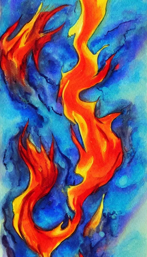 Image similar to water color painting of fire and water mixing together, conveying a sense of balance inspired by the Temperance tarot card, smooth brush strokes