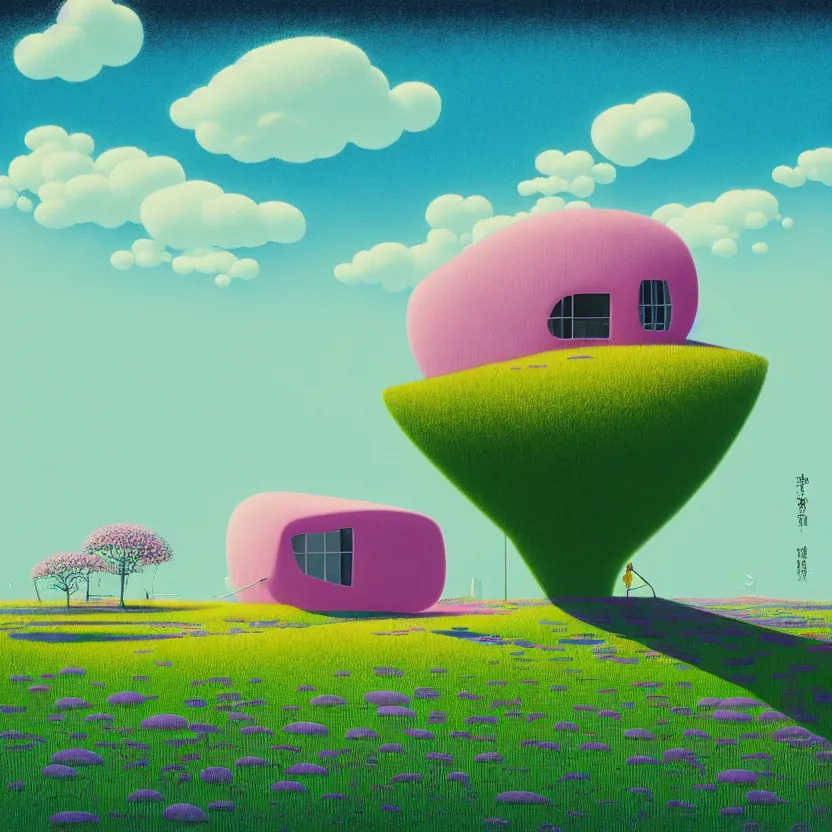 Image similar to house by toyo ito, white sea cloud, summer morning, very coherent and colorful high contrast, art by! gediminas pranckevicius! geof darrow, pastel color, volumetric lighting, cinematic, floralpunk screen printing woodblock, dark shadows, hard lighting, stippling art