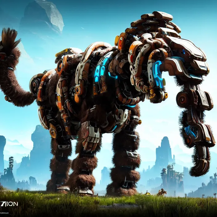 Prompt: photo of a robot mammoth in the style of horizon zero dawn, highly detailed, 4 k, hdr, smooth, sharp focus, high resolution, award - winning photo