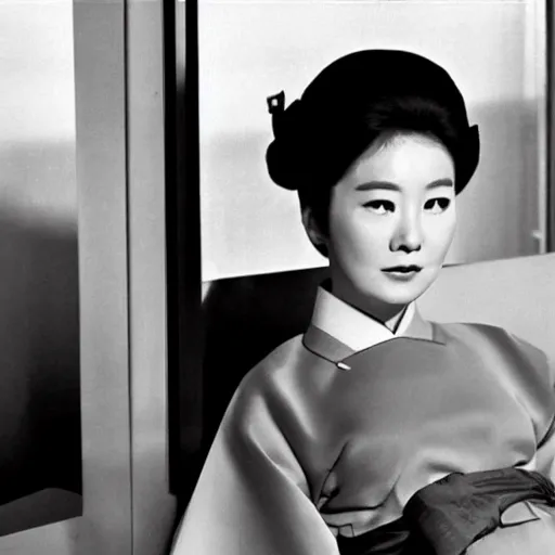 Image similar to The 1960s actress Choi Eun-Hee in a hanbok sitting on a couch, ultrawide 14mm shot, the room is dimly-lit and a starfish arm reaches through the window, minimal cinematography by Akira Kurosawa, movie filmstill, 1950s film noir, thriller by Kim Jong-il and Shin Sang-ok, monster horror movie