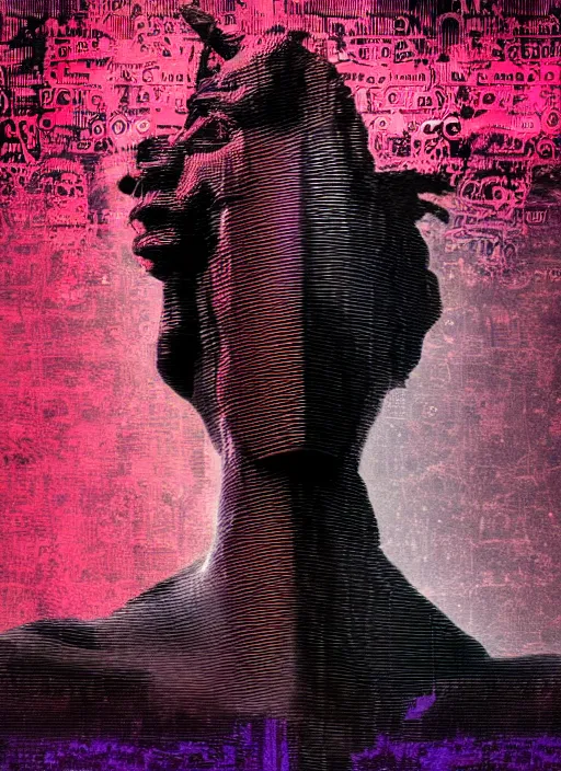 Image similar to dark design poster showing a close up of a statue of apollo, black background with very subtle red and purple design elements, powerful, nekro, vito acconci, thin straight lines, dark, glitch art, neo vaporwave, gritty, layout frame, square, trending on artstation