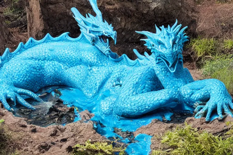 Prompt: photograph of a dragon emerging from a pool of blue slime