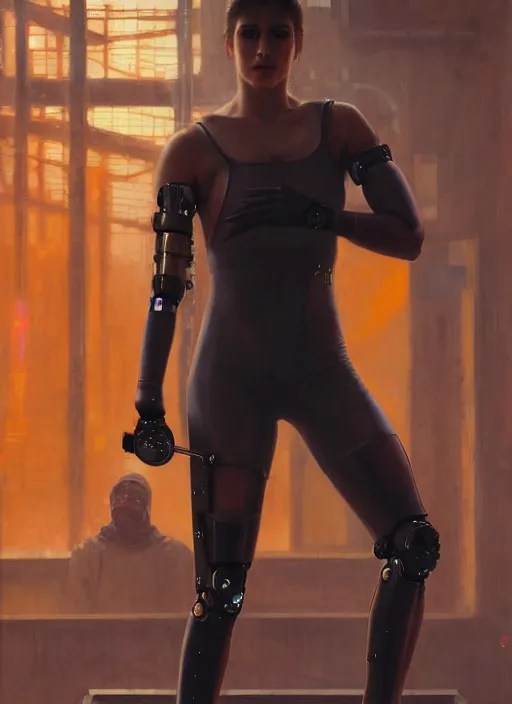 Image similar to cyberpunk olympic weightlifter with robotic arms wearing a jumpsuit ( blade runner 2 0 4 9, cyberpunk 2 0 7 7 ). orientalist portrait by john william waterhouse and james gurney and theodore ralli and nasreddine dinet, oil on canvas. cinematic, hyper realism, realistic proportions, dramatic lighting, high detail 4 k