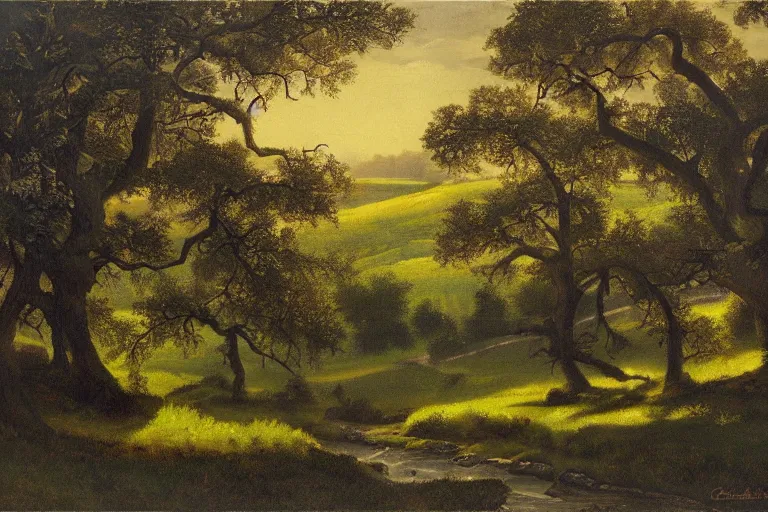 Image similar to masterpiece painting of oak trees on a hillside overlooking a creek, dramatic lighting, by charles santore