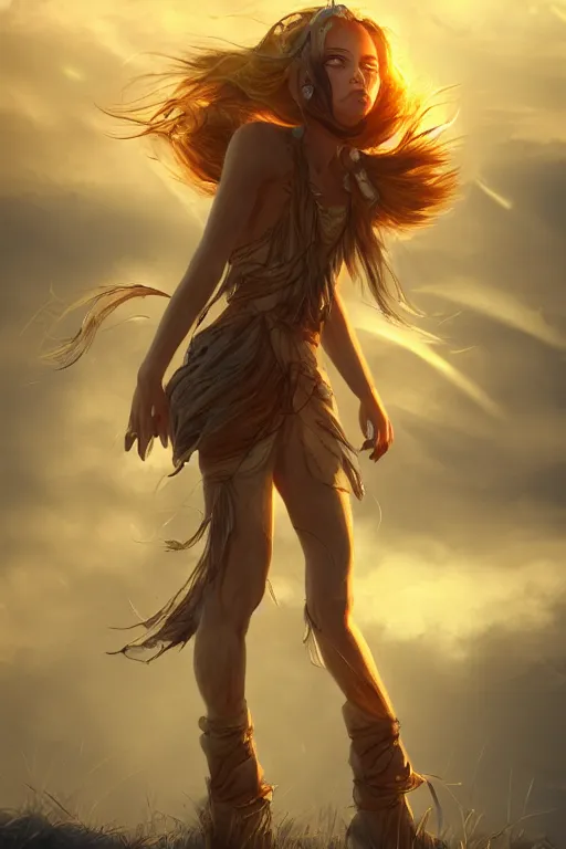 Image similar to beautiful young wind spirit, golden hour, full body, post apocalyptic setting, medium shot, mid-shot, highly detailed, trending on Artstation