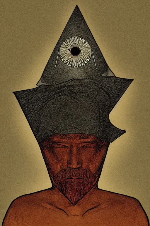 Image similar to portrait of triangle shaped head wearing wizard hat with single centered giant diamond eye, in the style of Greg Broadmore and Arthur Rackham,trending on artstation, light lighting side view,digital art,surrealism ,macro,blueprint ,vaporwave ,