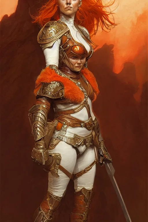 Image similar to full - body portrait of a ranger, female, white and orange breastplate, magical, high fantasy, d & d, by donato giancola, craig mullins, jeremy mann, face details, extremely detailed, digital illustration