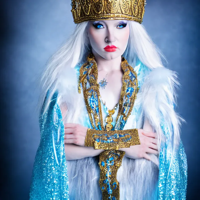 Prompt: full body photograph of of an ice queen with ornate robes, extremely detailed. dslr. 8 5 mm.