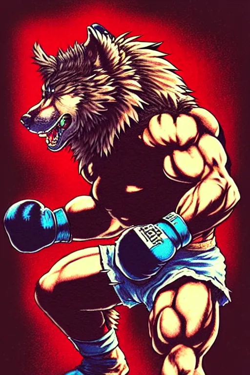 Image similar to extreme long shot. 8 bit nes graphics. antropomorphic muscular masculine wolf. kickboxer fighter, in shorts. streetfighter. wolf head. fine details, very sharp, art from nes game cartridge, vhs colors, vaporwave style, marc simonetti and hermann nitsch