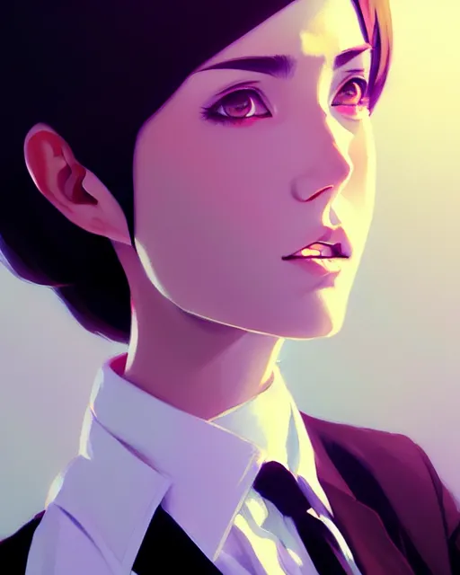 Image similar to a ultradetailed beautiful panting of a stylish woman wearing a shirt with a tie, by ilya kuvshinov, greg rutkowski and makoto shinkai, trending on artstation