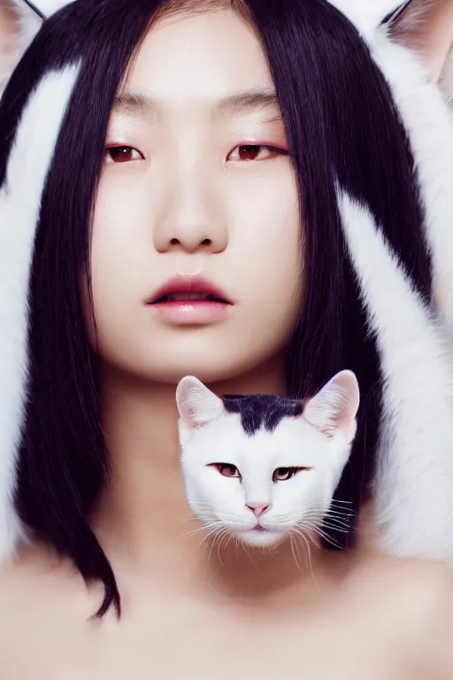 Prompt: aesthetic photograph of alluring young Japanese woman with white cat ears, by Nick Knight and jia ruan, headshot, realistic, photorealistic, HD, 4k resolution