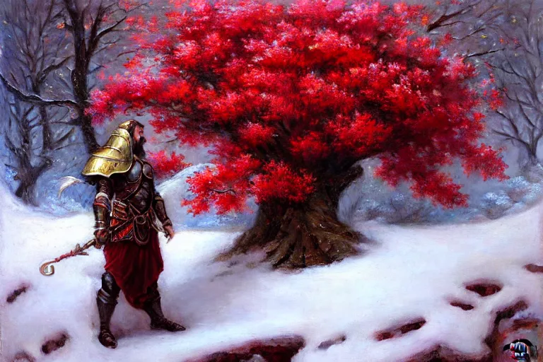 Image similar to winter, a male warrior wearing armor relaxing under a huge tree with red flowers, ground covered with snow, extreme long shot, fantasy, painting by gaston bussiere, craig mullins, j. c. leyendecker, trending on artstation