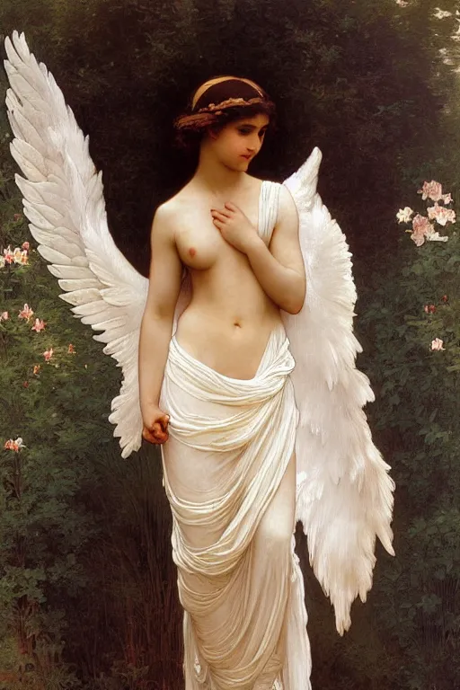 Image similar to painting of a beautiful clothed angel with huge feather wings, intricate, elegant, hyperdetailed by william - adolphe bouguereau and alphonse mucha and john william waterhouse