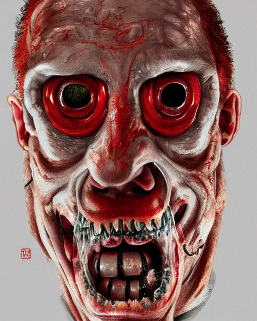 Image similar to Haunting horrifying detailed painting of a man made of sausages, rotten teeth and glowing red eyes, black eye shadow, hyper detailed, trending on Artstation