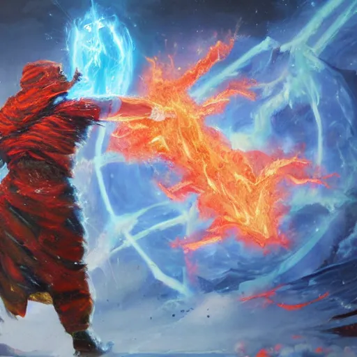 Image similar to Highly detailed oil painting, concept art, of a wizard casting a fireball spell, fighting against a huge ice giant, red and blue color scheme, concept art, highly detailed.