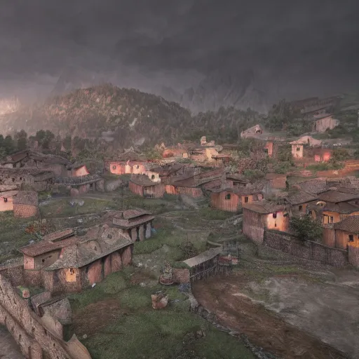 Image similar to the center of a poor medieval town under heavy rain at late dawn, in a valley, surrounded by mountains, highly detailed, octane render, ultra detailed cinematic, 8 k, widescreen, 1 6 : 9, hd