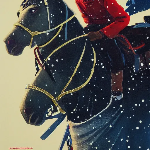 Image similar to a painting of a person on a horse in the snow, poster art by otomo katsuhiro, cgsociety, nuclear art, reimagined by industrial light and magic, official art, poster art