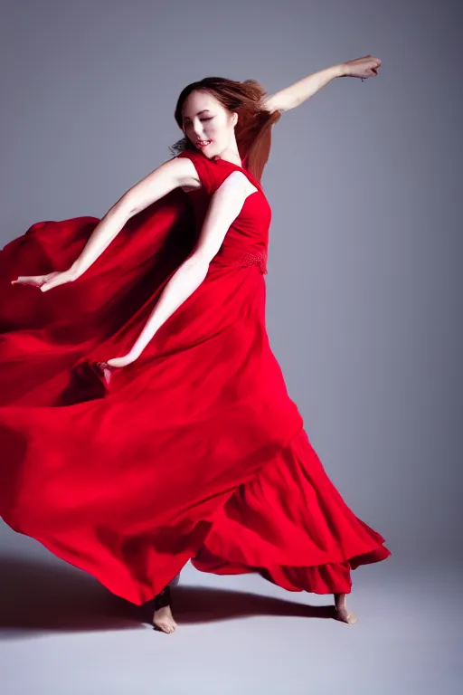 Image similar to woman dancing in a crimson summer dress, fashion magazine, elegant, dynamic movement, photorealistic camera shot, bright studio setting, studio lighting, crisp quality and light reflections