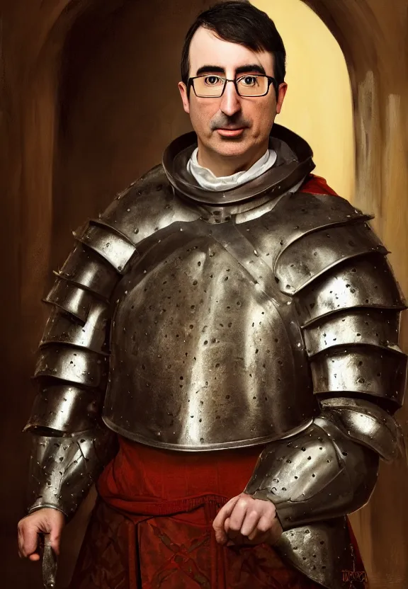 Prompt: a close portrait of john oliver wearing medieval armor, castle setting, warm colors, soft lighting, atmospheric, cinematic, moody, in the style of diego koi, gina heyer, luiz escanuela, art by alyssa monk, hyperrealism, rule of thirds, oil on canvas, 8 k