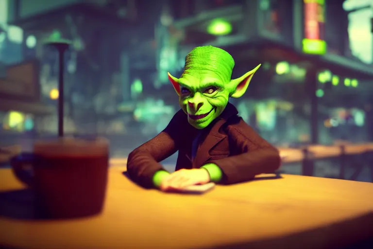 Prompt: a bored male goblin punk sitting alone at a table in a cafe in a cyberpunk city, close up shot, sharp focus, shallow depth of field, highly detailed face, 8k, unreal engine 5, cinematic lighting, vivid elegant fantasy concept art, character art, cold blue neon atmosphere, artstation, deep complimentary colors, volumetric lighting, photorealistic, hyperdetailed 3D matte painting, hyperrealism, hyperrealistic masterpiece