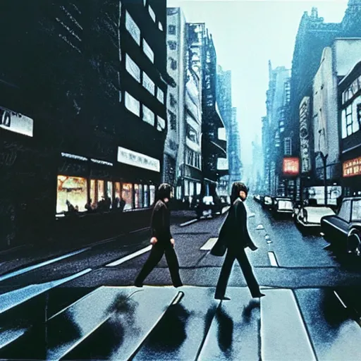 Image similar to the beatles on the run, blade runner film styling, 8 k higly detailed cinematic lighting, moma museum