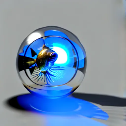 Image similar to transparent ball mecha, its legs aren ’ t transparent and there is a fish inside the ball, photorealistic 3 d octane render, unreal engine