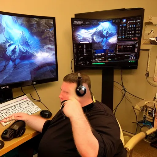 Image similar to obese Frank Miller wearing a headset yelling at his monitor while playing WoW highly detailed wide angle lens 10:9 aspect ration award winning photography