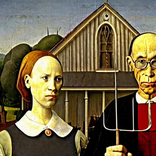 Prompt: oil painting by hieronymous bosch of american gothic - n 4