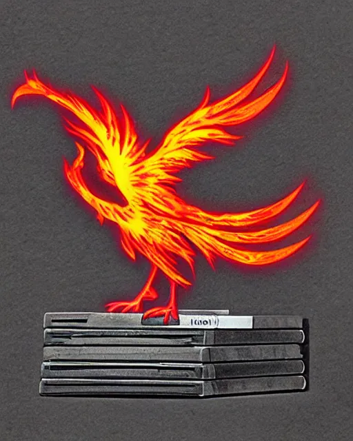 Prompt: a flaming phoenix with open wings sittong atop a pile of floppy disks