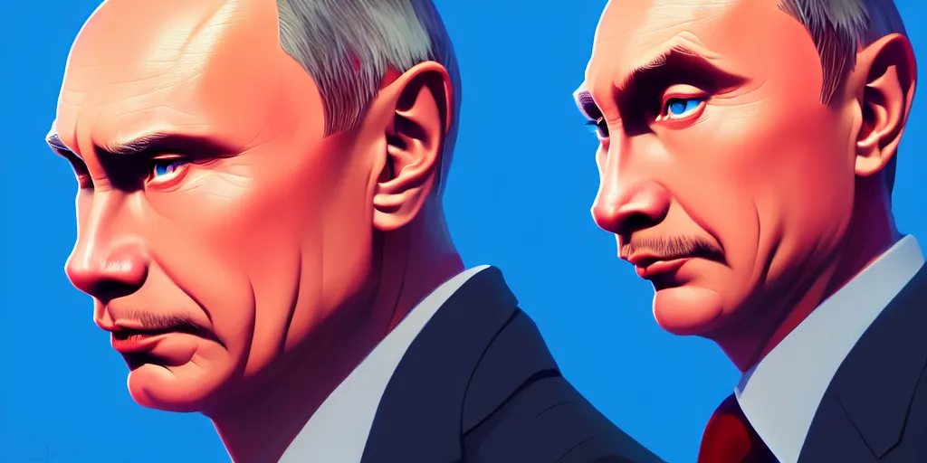 Image similar to low angle portrait of vladimir putin, tepainting concept Blizzard pixar maya engine on stylized background splash comics global illumination lighting artstation lois van baarle, ilya kuvshinov, rossdraws