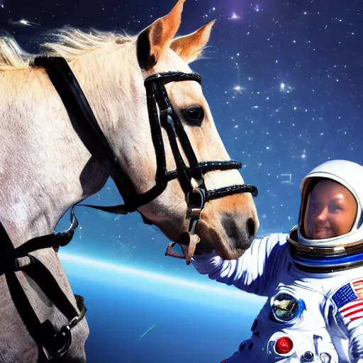 Image similar to a horse above a man in space suit, horse riding astronaut, space background, art