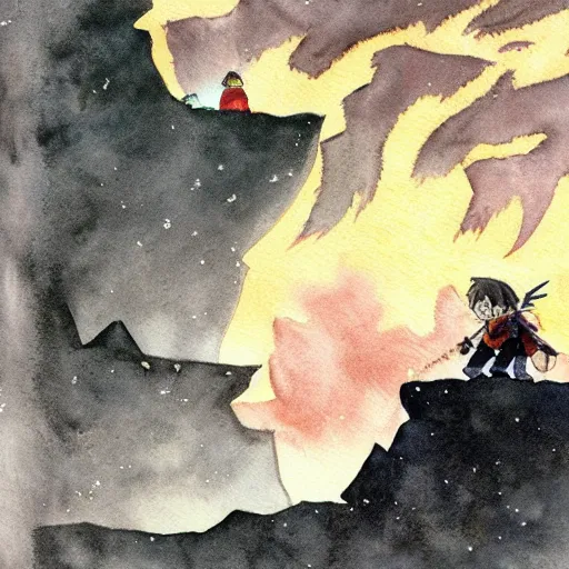 Prompt: dwarf mining for gold in a sparkling dark cave, from ghibli studio, watercolor illustration for book