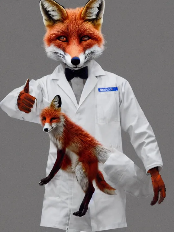 Image similar to a humanoid fox wearing a scientist white coat, chemicals on a white table in front of the fox, digital art, digital painting, masterpiece, anatomically correct, five fingers, cinematic, high coherence, realistic, high quality, highly detailed, 8 k, dramatic lighting, path traced, centered, high definition