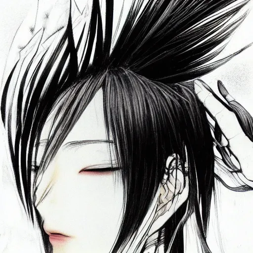 Image similar to Yoshitaka Amano dreamy and blurry illustration of an anime girl with white hair and cracks on her face wearing dress suit with tie fluttering in the wind, abstract black and white patterns on the background, head turned to the side, noisy film grain effect, highly detailed, Renaissance oil painting, weird portrait angle