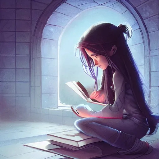 Image similar to a pixar girl reading a book, long hair flowing down, symmetrical, style of by Jordan Grimmer and greg rutkowski, crisp lines and color,