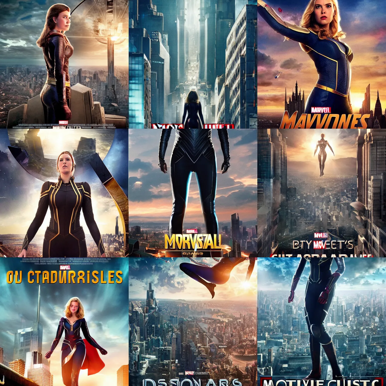 Prompt: a giant cassandra lang looks down at a city below, marvel movie poster