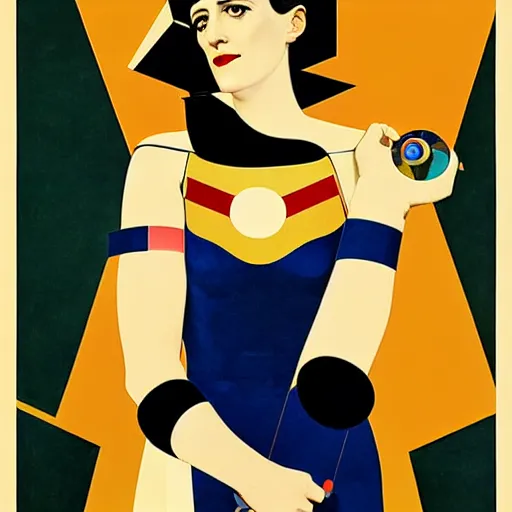 Prompt: Art by Coles Phillips, Portrait of the actress, Eva Green as Space Commander Alpha from the Year 4000, geometric art, poster, no text, Mucha, Kandinsky, carbon blac and antique gold